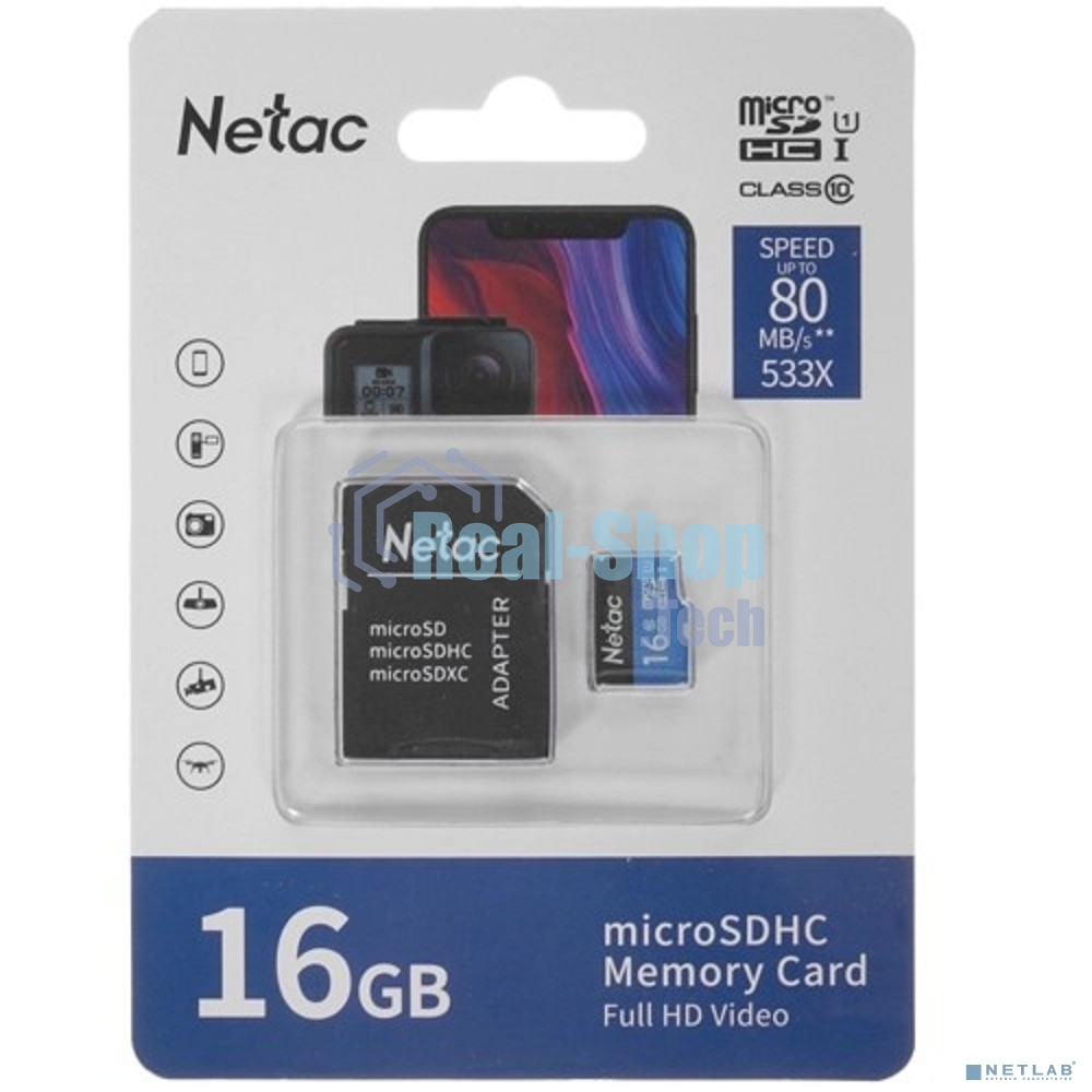 Флеш карта microSDHC 16Gb Netac P500 NT02P500STN-016G-R (с SD адаптером) 80Mb/s