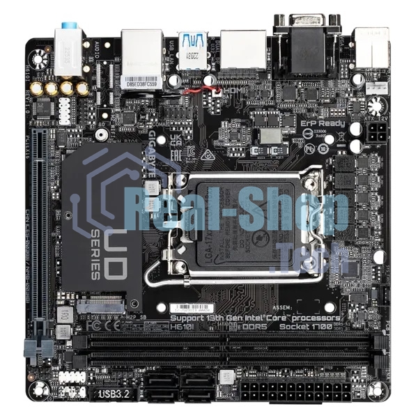 Материнская плата Gigabyte H610I, LGA 1700, Intel H610, 2xDDR5, 4xSATA, 1xM.2, 1xPCIe 4.0 x16, 1xHDMI, 1xVGA, 2xDP, 1x 1Gb LAN, 2xUSB-A 3.2 Gen 1, 4xUSB-A 2.0, 3x 3.5 мм, 7.1, Mini-ITX