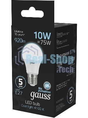 Лампа светодиодная Gauss A60 10Вт цок.:E27 шар 220B 4100K св.свеч.бел.нейт. A60 (упак.:10шт)
