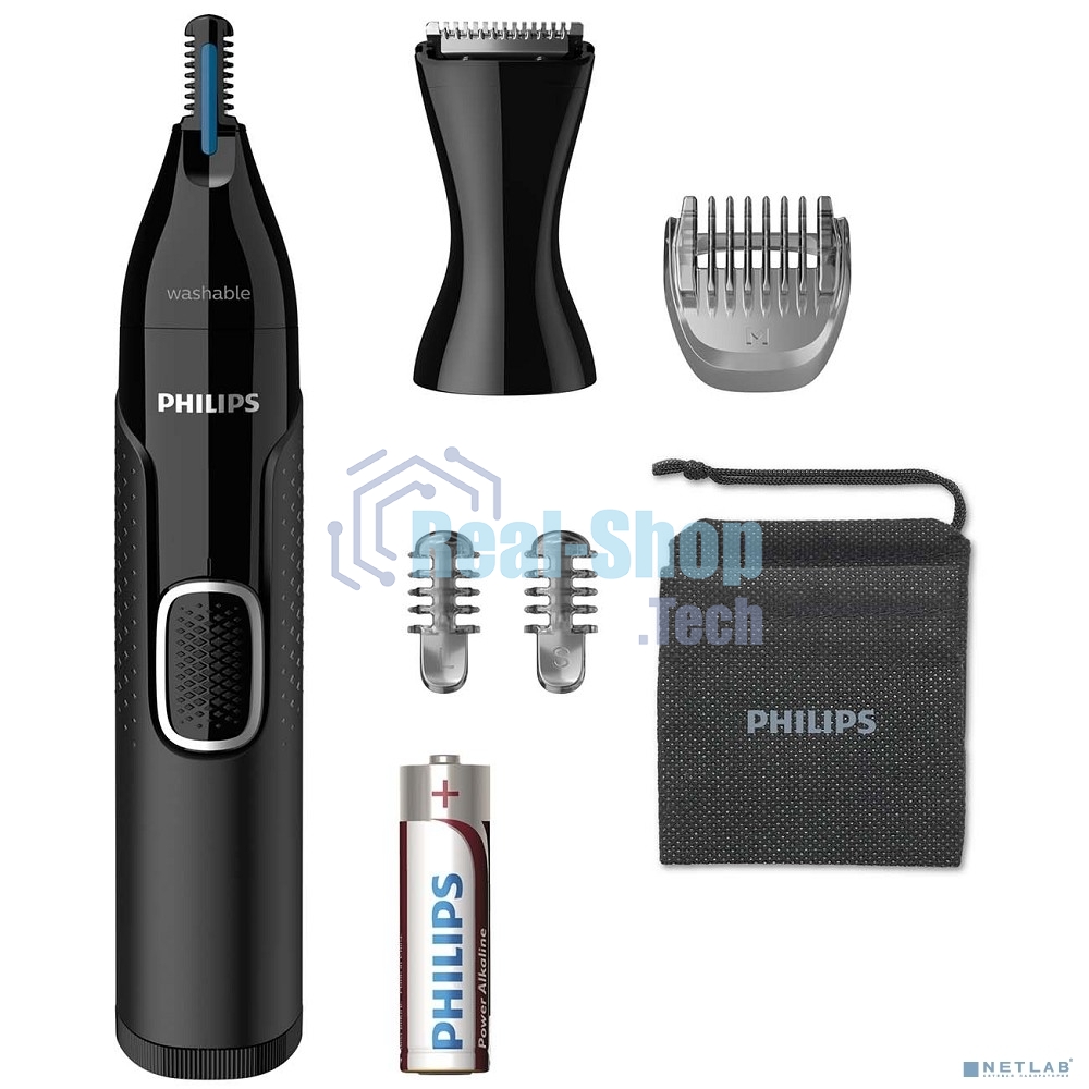 Триммер Philips для носа и ушей, черный, корпус - пластик, 3 насадки-гребня, насадка - триммер, щеточка для очистки, мягкий чехол, батарейка