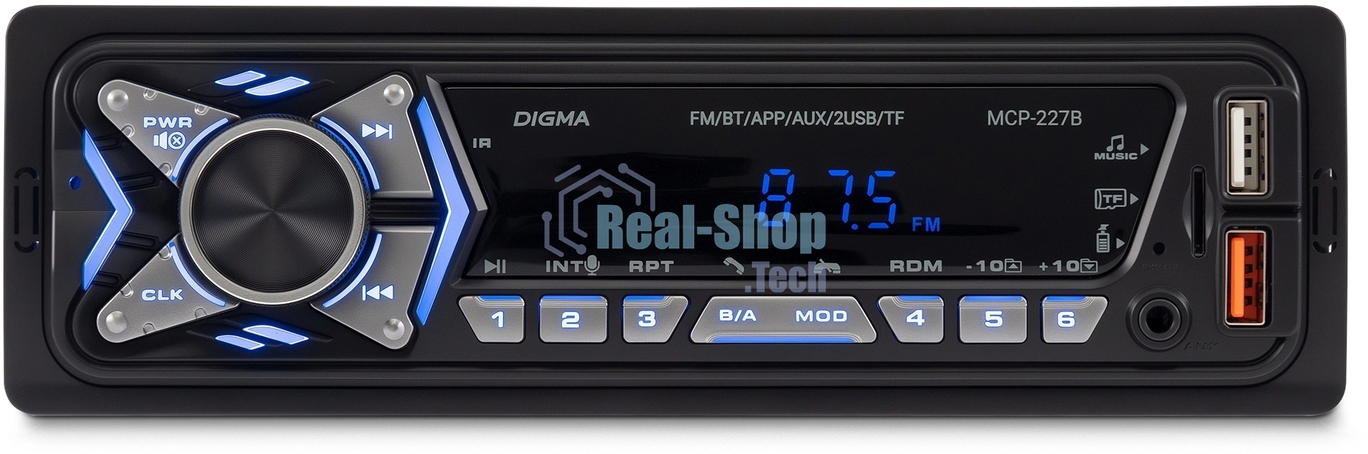 Автомагнитола Digma MCP-227B, 1 DIN, Bluetooth, USB Type-A, AUX, пульт ДУ