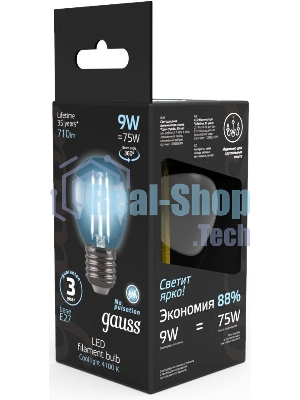 Лампа светодиодная филаментная Gauss 9Вт цок.: E27 шар 220B 4100K св. свеч. белый ней. G45 (упак.: 10 шт)