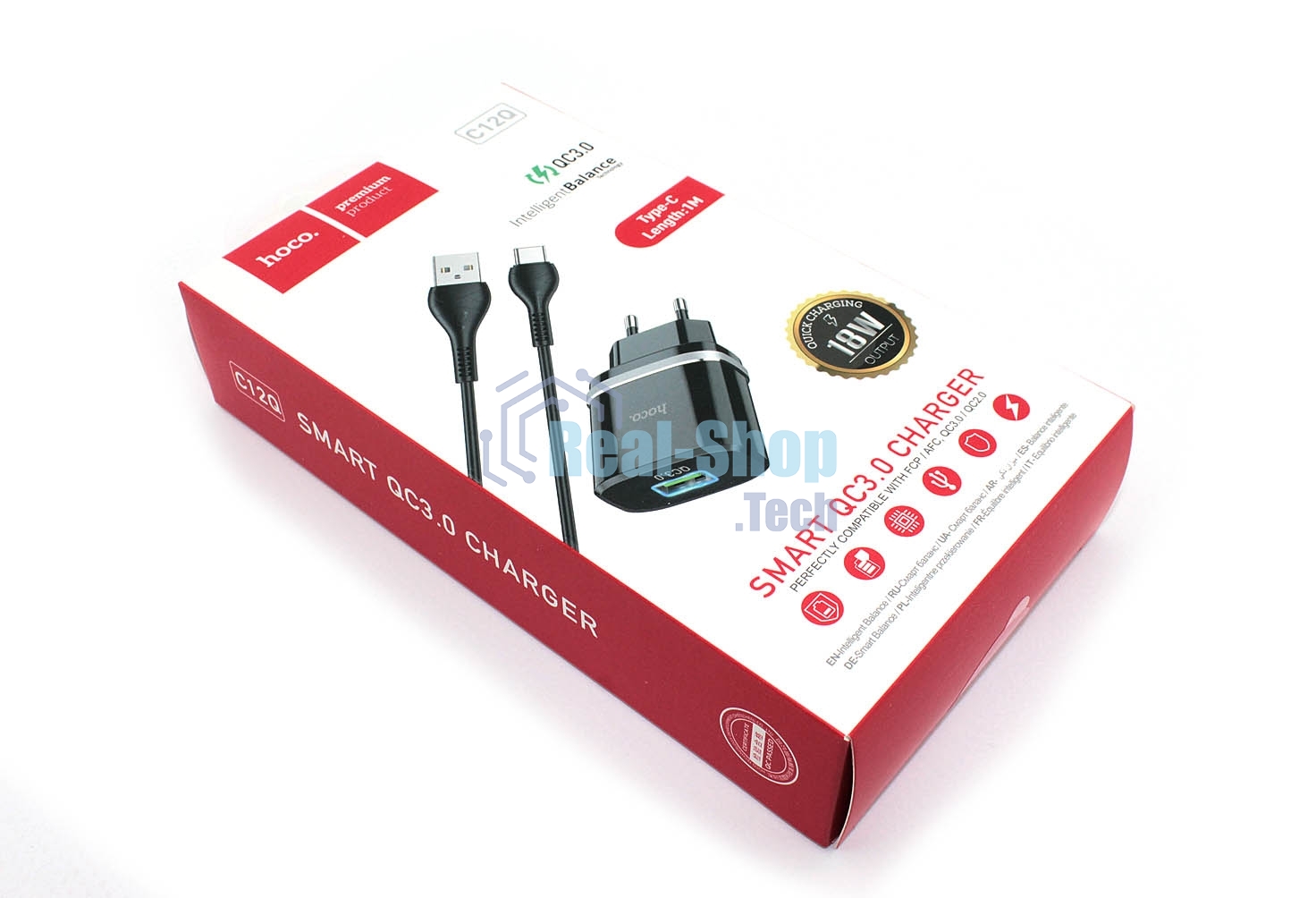 Блок питания (сетевой адаптер) HOCO С12Q Smart QC3.0, кабель Type-C-USB, 5V, 3.0A, черный