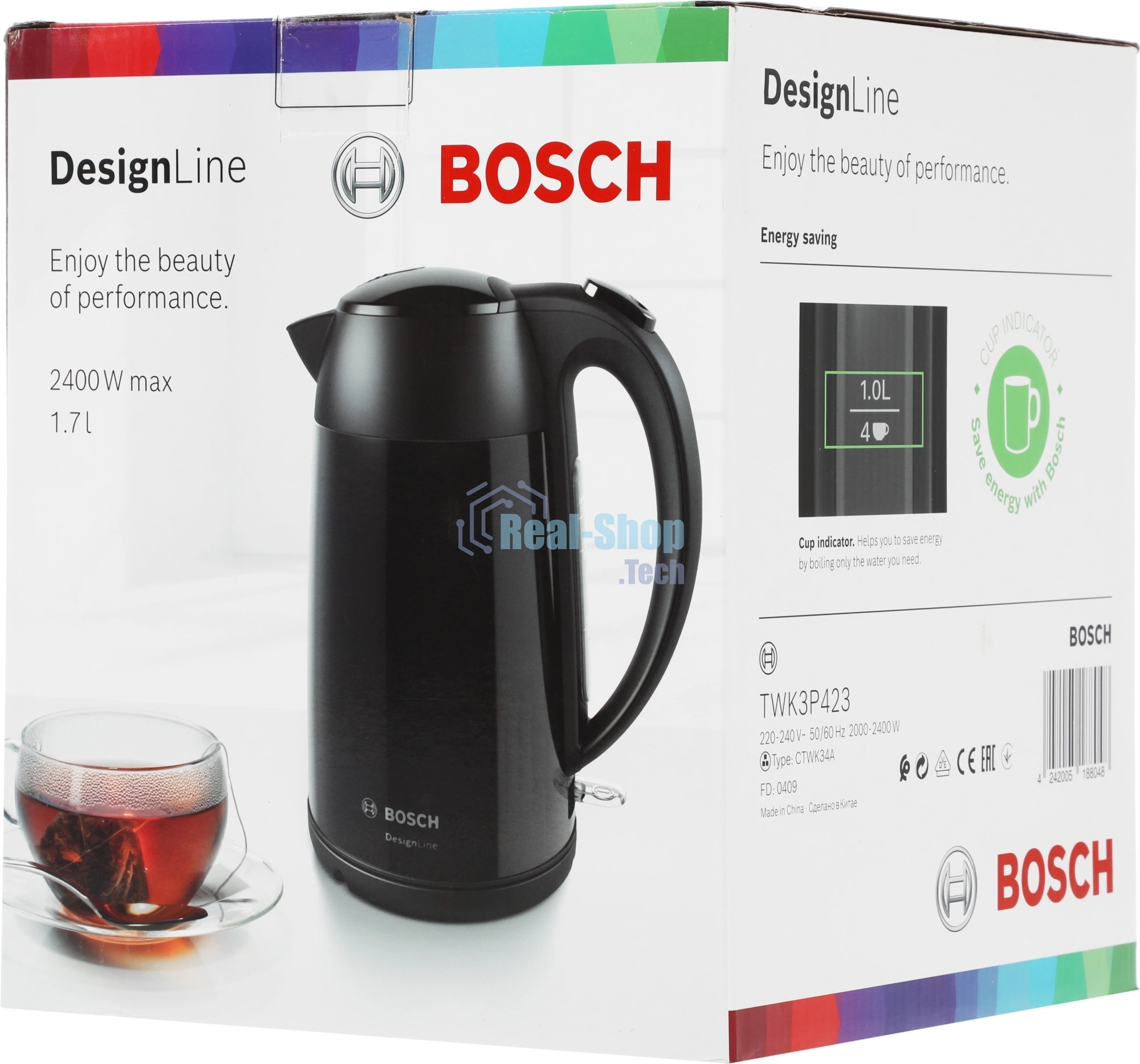 Чайник электрический Bosch TWK3P423 черный, 1.7 л, 2400 Вт, скрытый нагревательный элемент