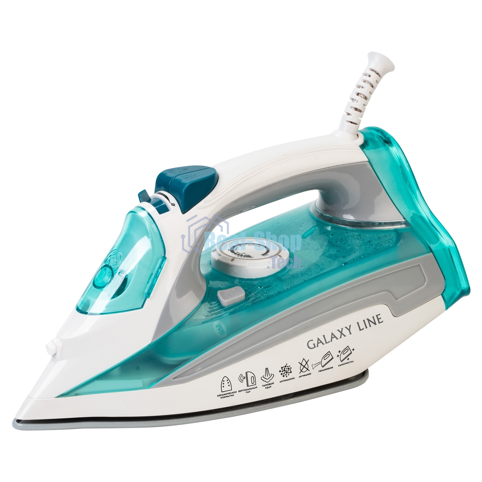 Утюг Galaxy Line GL 6127, бирюзовый, паровой, 2200 Вт, постоянный пар 50 г/мин, паровой удар 170 г/мин, функции: самоочистка, антикапля, антинакипь, функция увлажнения, вертикальное отпаривание, защита от перегрева, индикатор нагрева, керамическое покрыти