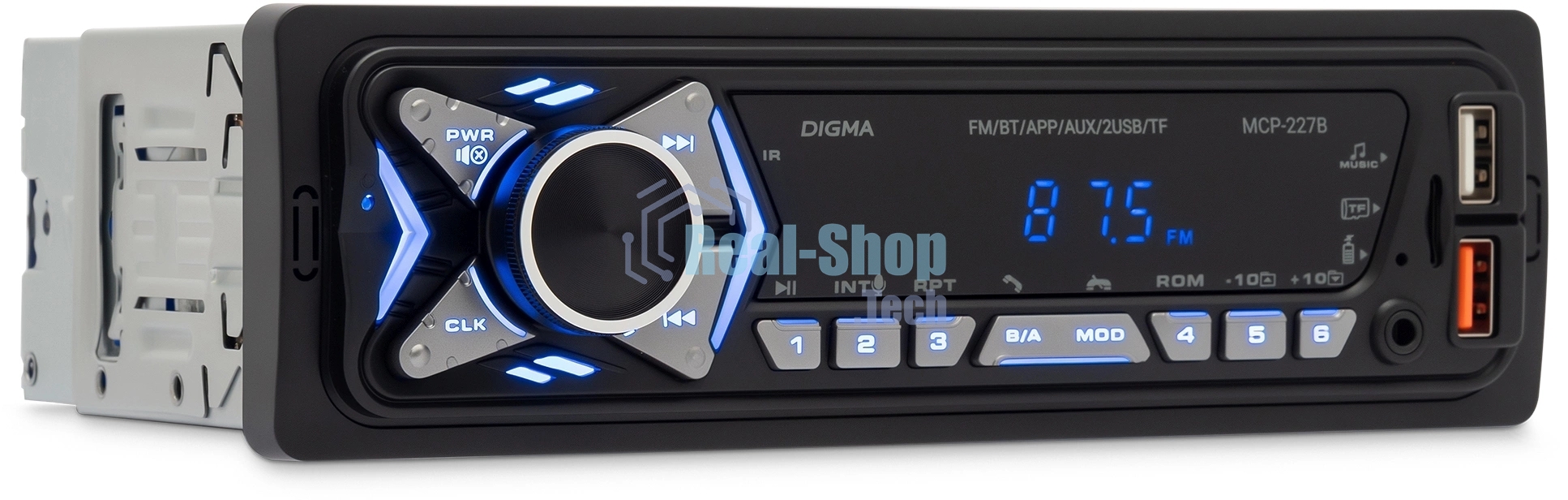 Автомагнитола Digma MCP-227B, 1 DIN, Bluetooth, USB Type-A, AUX, пульт ДУ