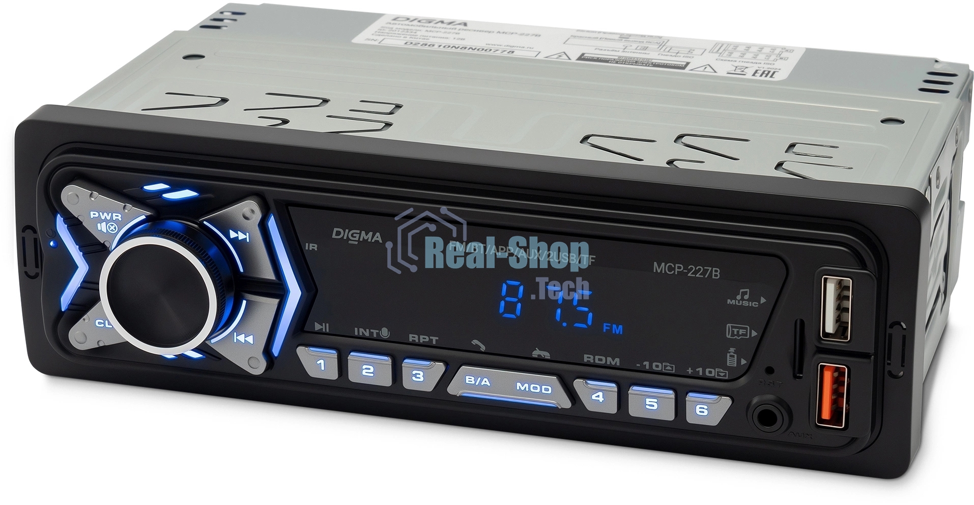 Автомагнитола Digma MCP-227B, 1 DIN, Bluetooth, USB Type-A, AUX, пульт ДУ