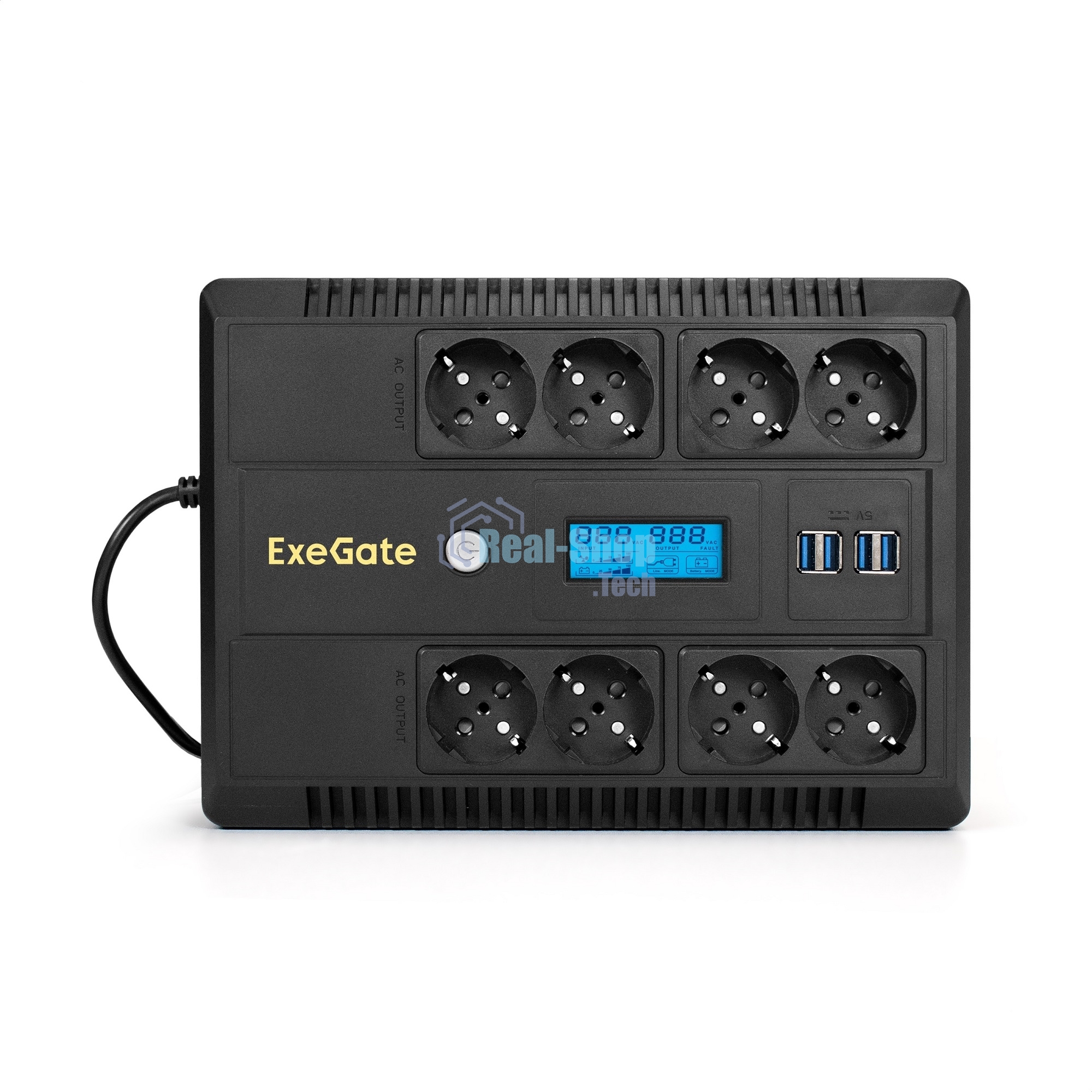 Источник бесперебойного питания ExeGate NEO Smart LHB-650.LCD.AVR.8SH.CH.RJ.USB 650VA/390W, LCD, AVR, 8*Schuko, RJ45/11, USB, 4*USB-порта для зарядки, черный