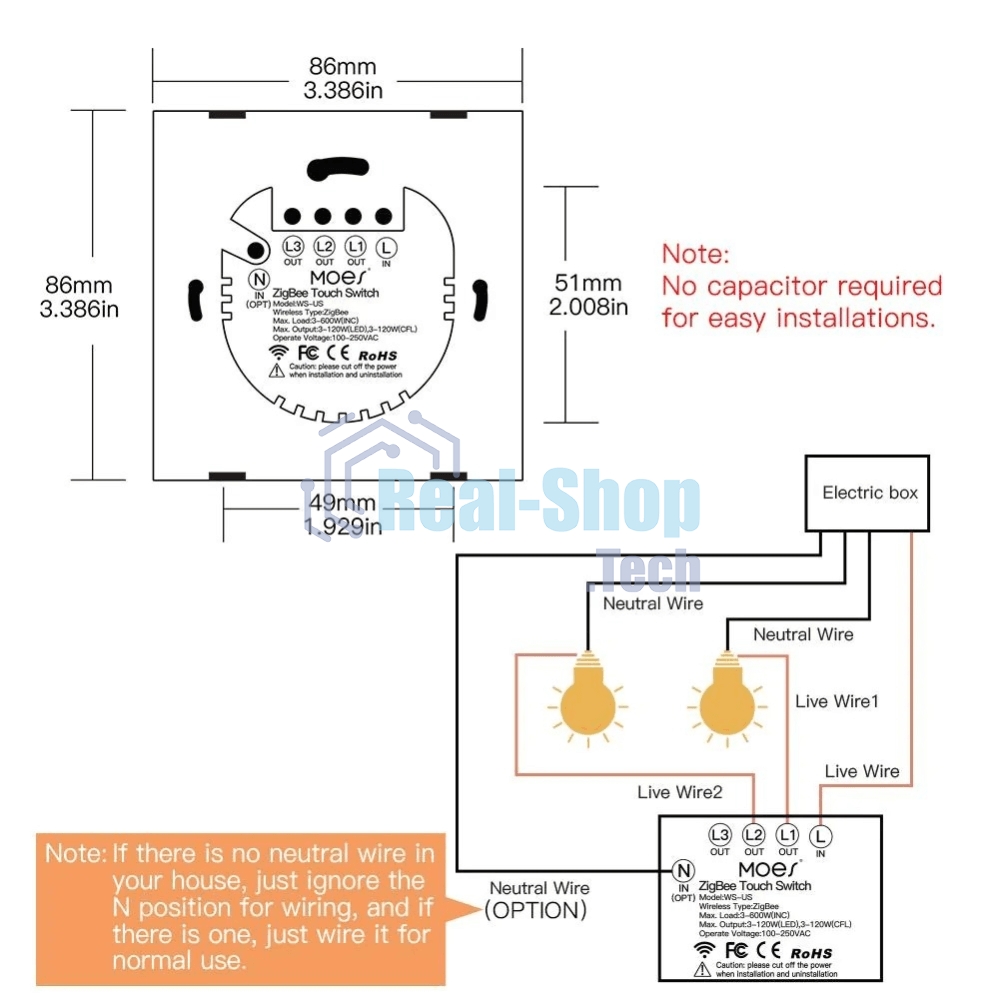 Выключатель MOES Gang Smart Switch Sensor w/o grounding ZS-EU2, Zigbee, 100-240 В