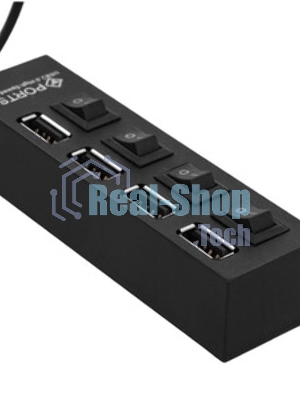 Разветвитель USB2.0 Gembird 4xUSB, блок питания 2А, подсветка и выкл, кабель USB 55 см, черный