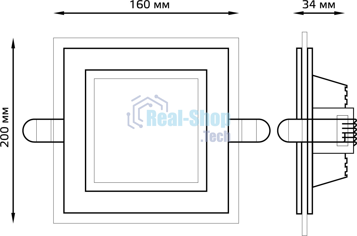 Светильник Glass кв 18W 1390lm 3000K 220-240V IP20 монт Ø155х155 200x200x30 с дек стек LED