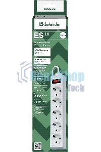 Сетевой фильтр Defender ES 99481 белый, 1.8 м, EURO, 5 розеток, 2200 Вт