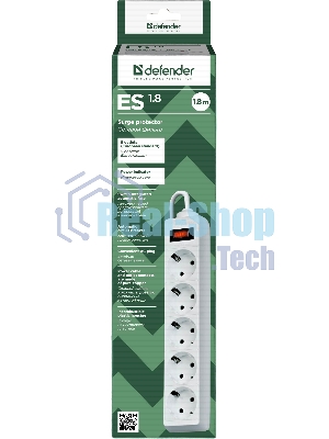 Сетевой фильтр Defender ES 99481 белый, 1.8 м, EURO, 5 розеток, 2200 Вт