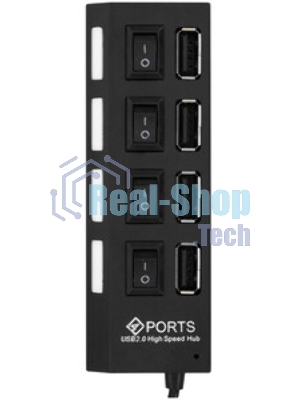 Разветвитель USB2.0 Gembird 4xUSB, блок питания 2А, подсветка и выкл, кабель USB 55 см, черный