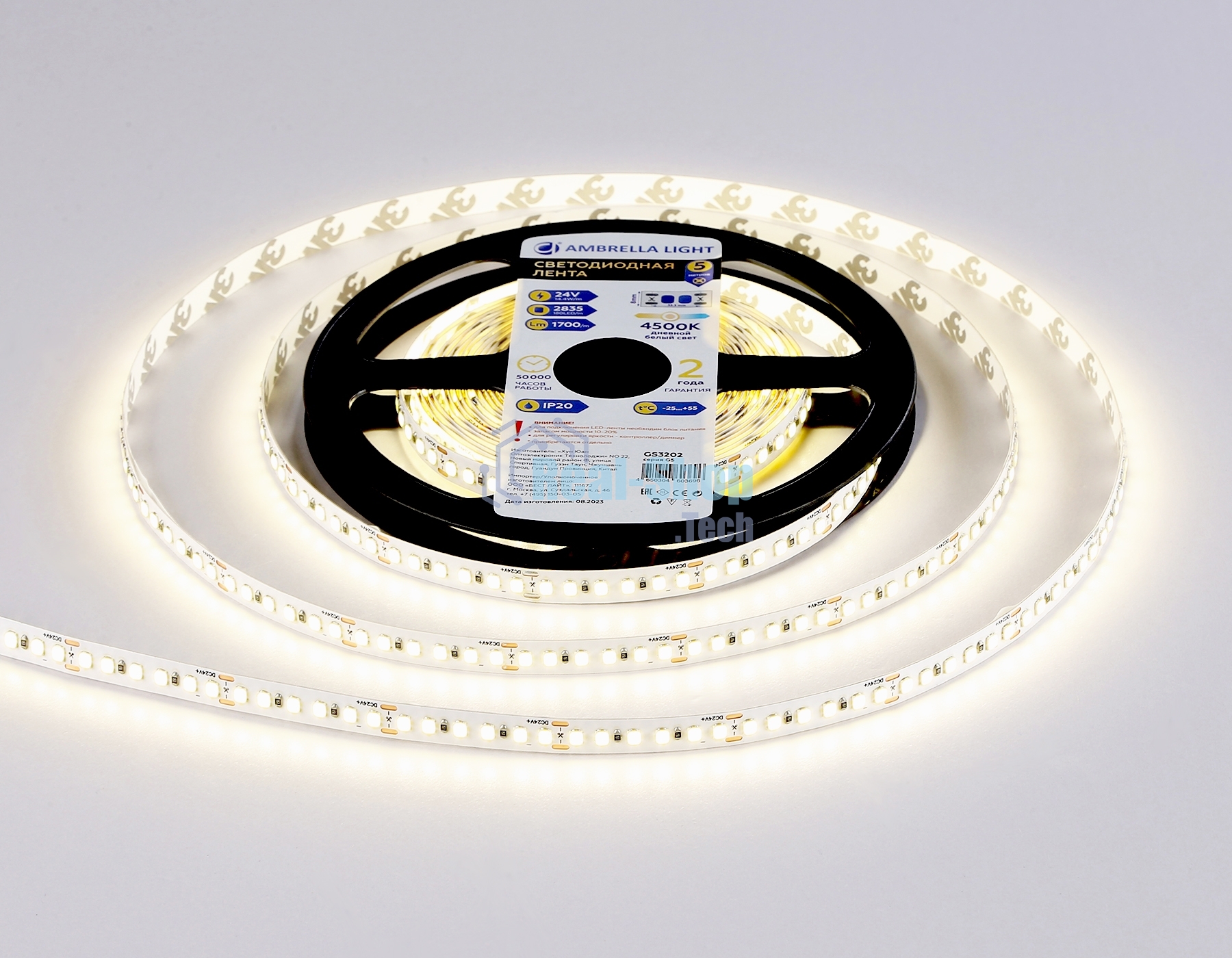Светодиодная лента Ambrella light GS3202 2835 180Led/ 14.4W m/ 24V IP20 4500K/ 5000*8*1.2mm (2 конт.)