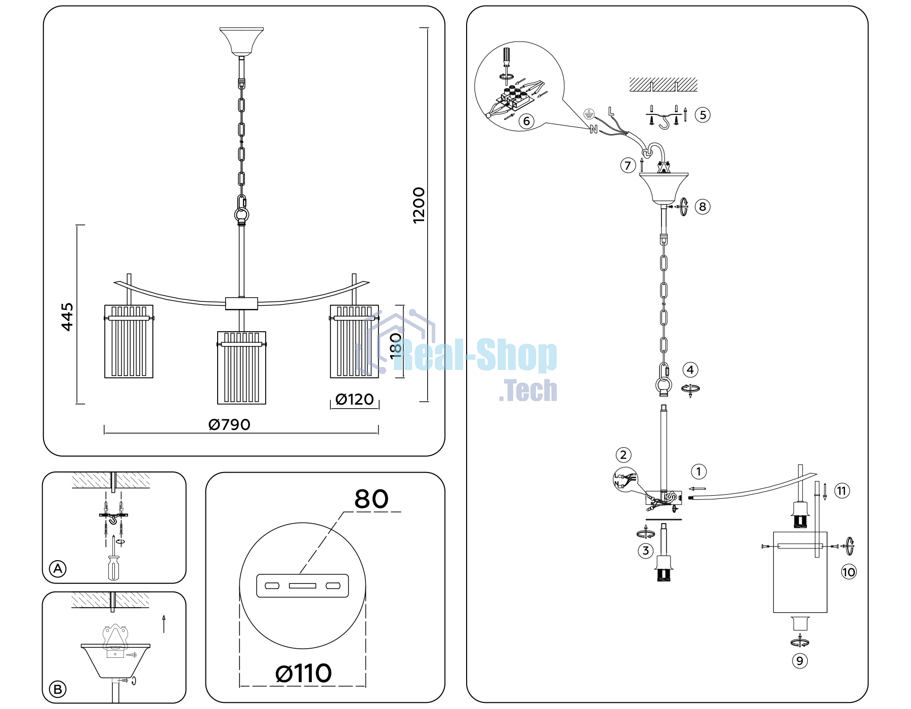 Люстра Ambrella light LH56033/7+1 BS/CL латунь/прозрачный E14*8 max 40W D790*1200