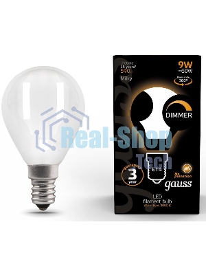 Лампа светодиодная Gauss Filament 105201109-D 9Вт цок.: E14 шар 220B 3000K св. свеч. белый теп. (упак.: 10 шт)