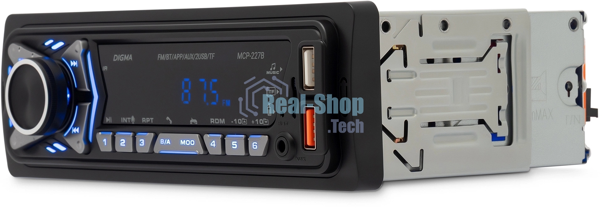 Автомагнитола Digma MCP-227B, 1 DIN, Bluetooth, USB Type-A, AUX, пульт ДУ