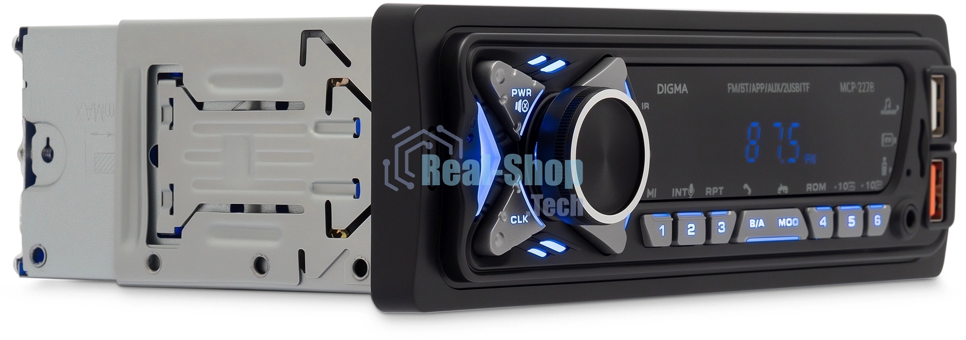 Автомагнитола Digma MCP-227B, 1 DIN, Bluetooth, USB Type-A, AUX, пульт ДУ