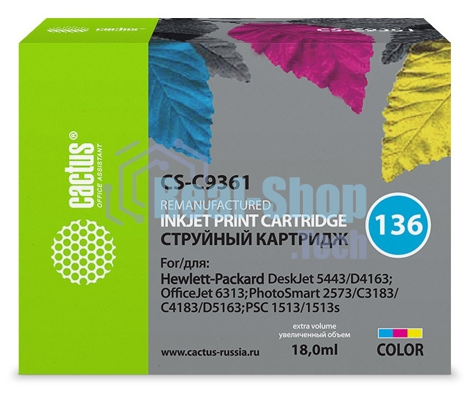 Картридж струйный Cactus CS-C9361 №136 трехцветный (18 мл.) для HP DJ 5443/D4163/DJ 6313/PS 2573/C3183/C4183/D5163/1513/1513s