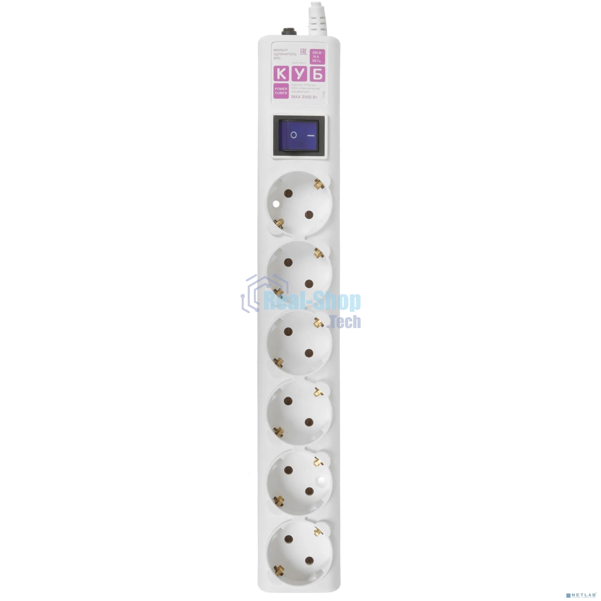 Фильтр-удлинитель Power Cube 3,0 м 6 розеток с заземлением (белый) 16А/3,5кВт/ Surge protector Power Cube 3,0 m 6 outlets (white) 16A / 3,5kVt
