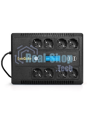 Источник бесперебойного питания ExeGate NEO Smart LHB-850.LCD.AVR.8SH.CH.RJ.USB 850VA/510W, LCD, AVR, 8*Schuko, RJ45/11, USB, 4*USB-порта для зарядки, черный