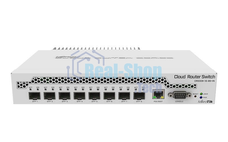 Коммутатор MikroTik CRS309-1G-8S+IN 8 SFP+, dual-core 800MHz CPU, 512MB RAM, POE, RS232 serial port