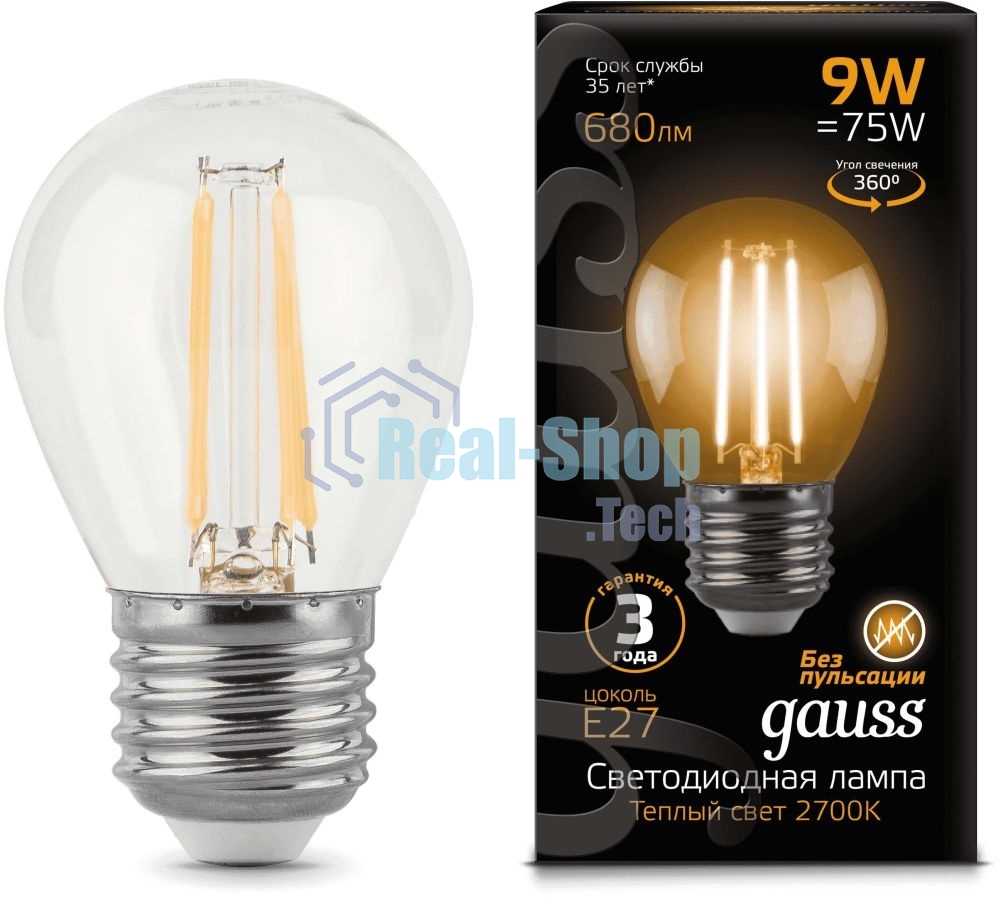 Лампа светодиодная Filament Шар E27 9Вт 2700К Gauss 105802109