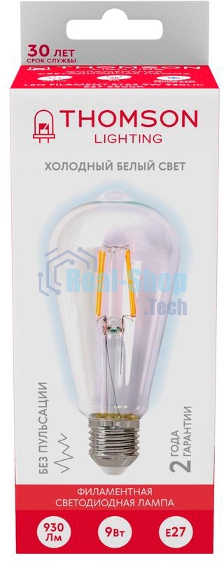 Лампа светодиодная филаментная Thomson TH-B2342 E27, эдисон, 9Вт, 6500К, белый холодный, 1 шт.