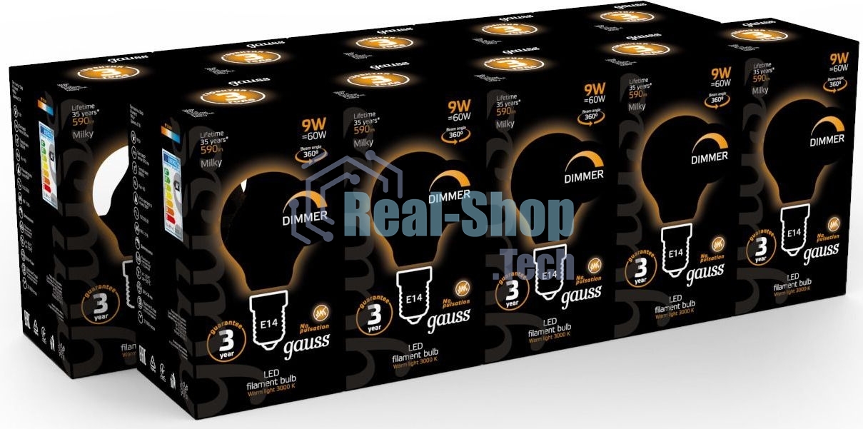 Лампа светодиодная Gauss Filament 105201109-D 9Вт цок.: E14 шар 220B 3000K св. свеч. белый теп. (упак.: 10 шт)