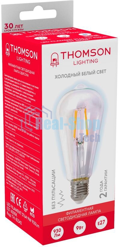 Лампа светодиодная филаментная Thomson TH-B2342 E27, эдисон, 9Вт, 6500К, белый холодный, 1 шт.