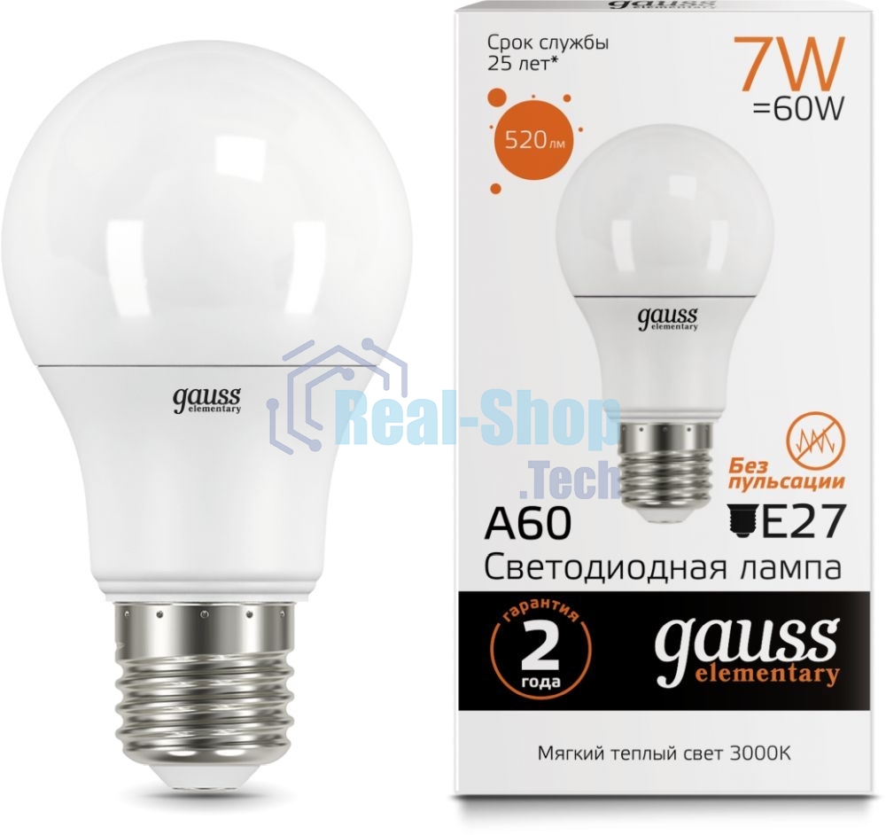 Лампа светодиодная Gauss 23217A LED Elementary A60 7W E27 520lm 2700K 1/10/100 0