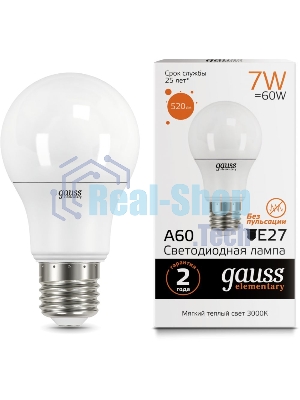 Лампа светодиодная Gauss 23217A LED Elementary A60 7W E27 520lm 2700K 1/10/100 0