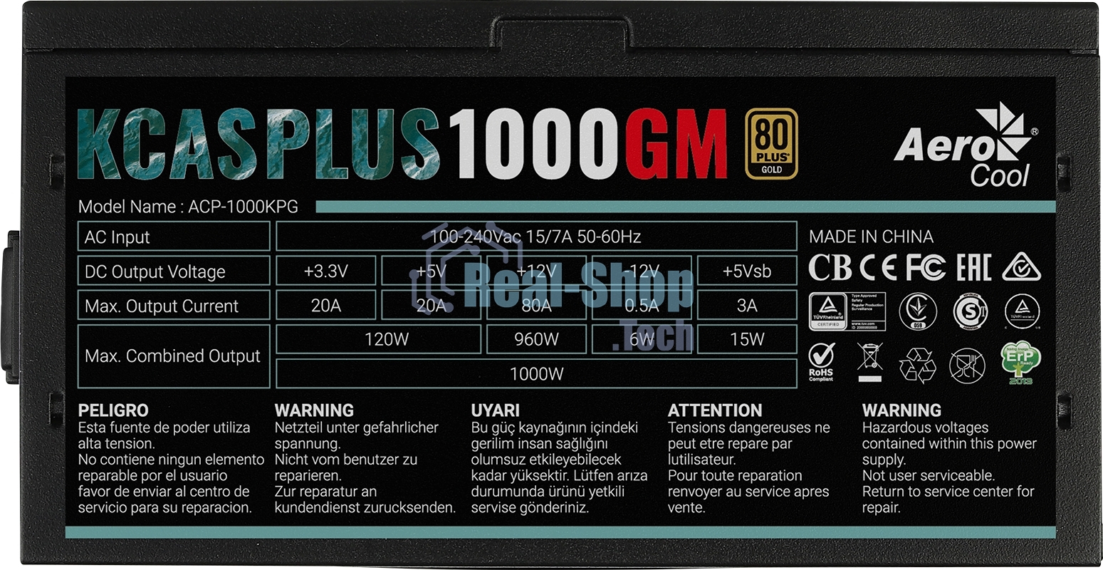 Блок питания Aerocool/Formula 1000W Retail KCAS PLUS 1000GM, 80 PLUS Gold, ATX v2.4, модульный, fan 14cm, 6x PCI-E [6+2-Pin], 10x SATA, 6x MOLEX