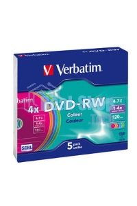 Диск DVD-RW Verbatim 4.7Gb 4x Slim case (5шт) Color (43563)