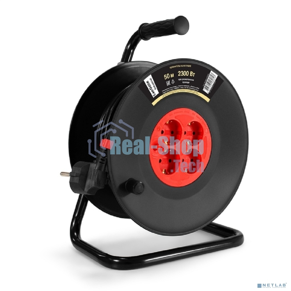 Удлинитель на катушке ExeGate industrial ECS-10-3-50 (4 евророзетки с заземлением, IP20, 50 м, защита от детей, защита от перегрузки, 3х1,0 мм2, 10А/2.3 кВт)