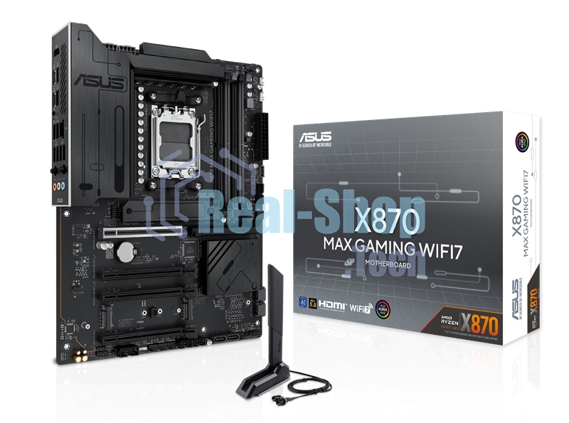 Материнская плата ASUS X870 MAX GAMING WIFI7, AM5, AMD X870, 4xDDR5, 4xSATA, 3xM.2, 1xPCIe 5.0 x16, 2xPCIe 4.0 x16, 1xPCIe x1, 1xHDMI, 2xUSB-C 40Gbps (USB4), 1xUSB-A 10Gbps, 3xUSB-A 5Gbps, 4xUSB-A 2.0, 1x2.5Gb LAN, Wi-Fi 7, Bluetooth 5.4, 3x3.5 мм, 7.1, ATX
