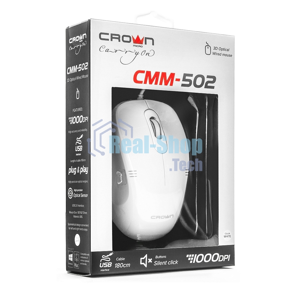 Мышь проводная Crown CMM-502 белый, 1000 dpi, USB, кнопки - 3