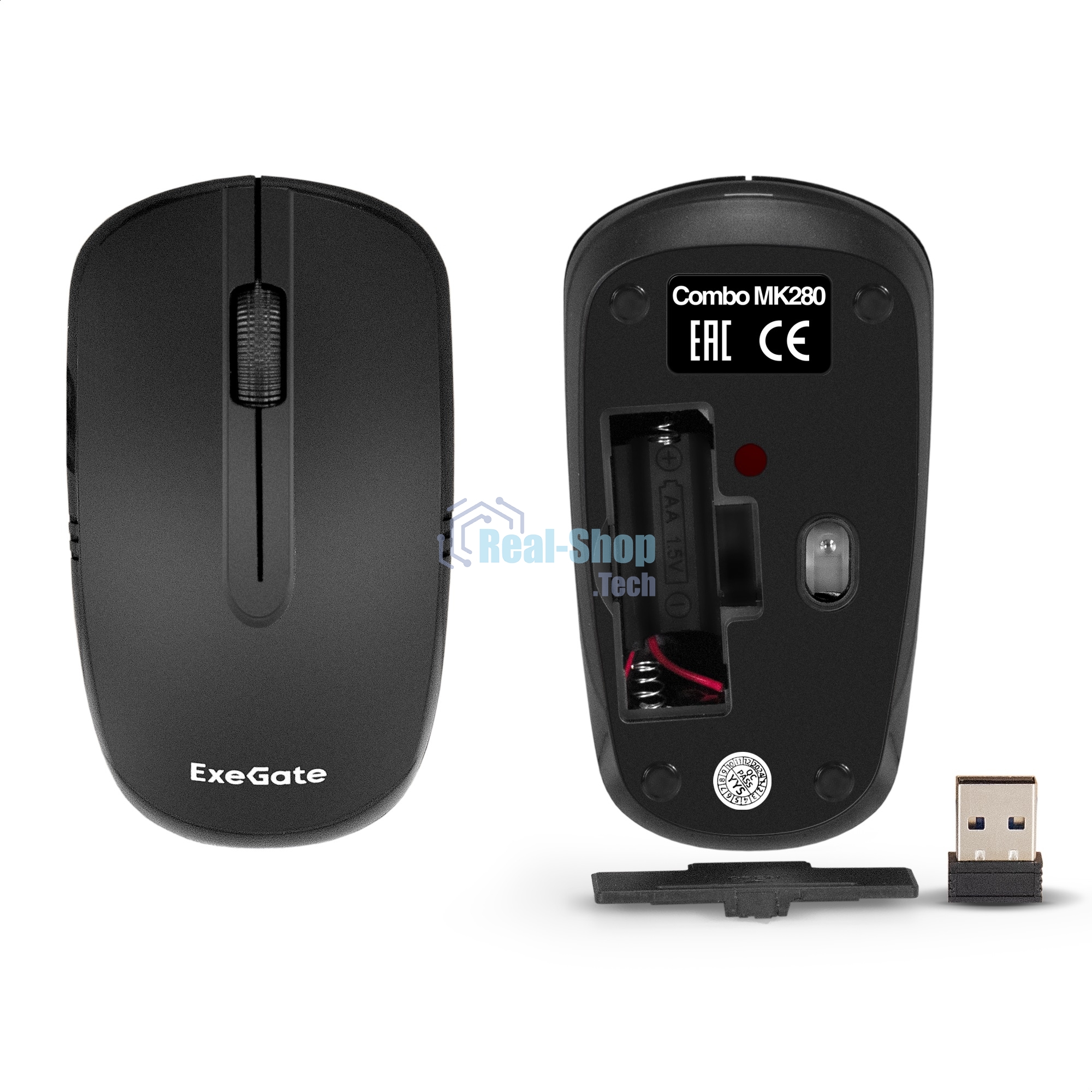 Комплект беспроводной ExeGate Professional Standard Combo MK280 (клавиатура полноразмерная влагозащищенная 104кл. + мышь оптическая 1000dpi, 3 кнопки и колесо прокрутки; USB, радиоканал 2,4 ГГц, радиус действия до 10м, черный, Color Box)