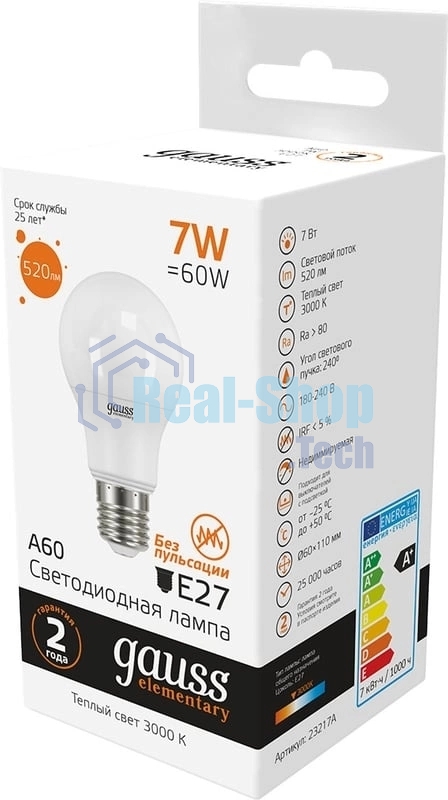 Лампа светодиодная Gauss 23217A LED Elementary A60 7W E27 520lm 2700K 1/10/100 0