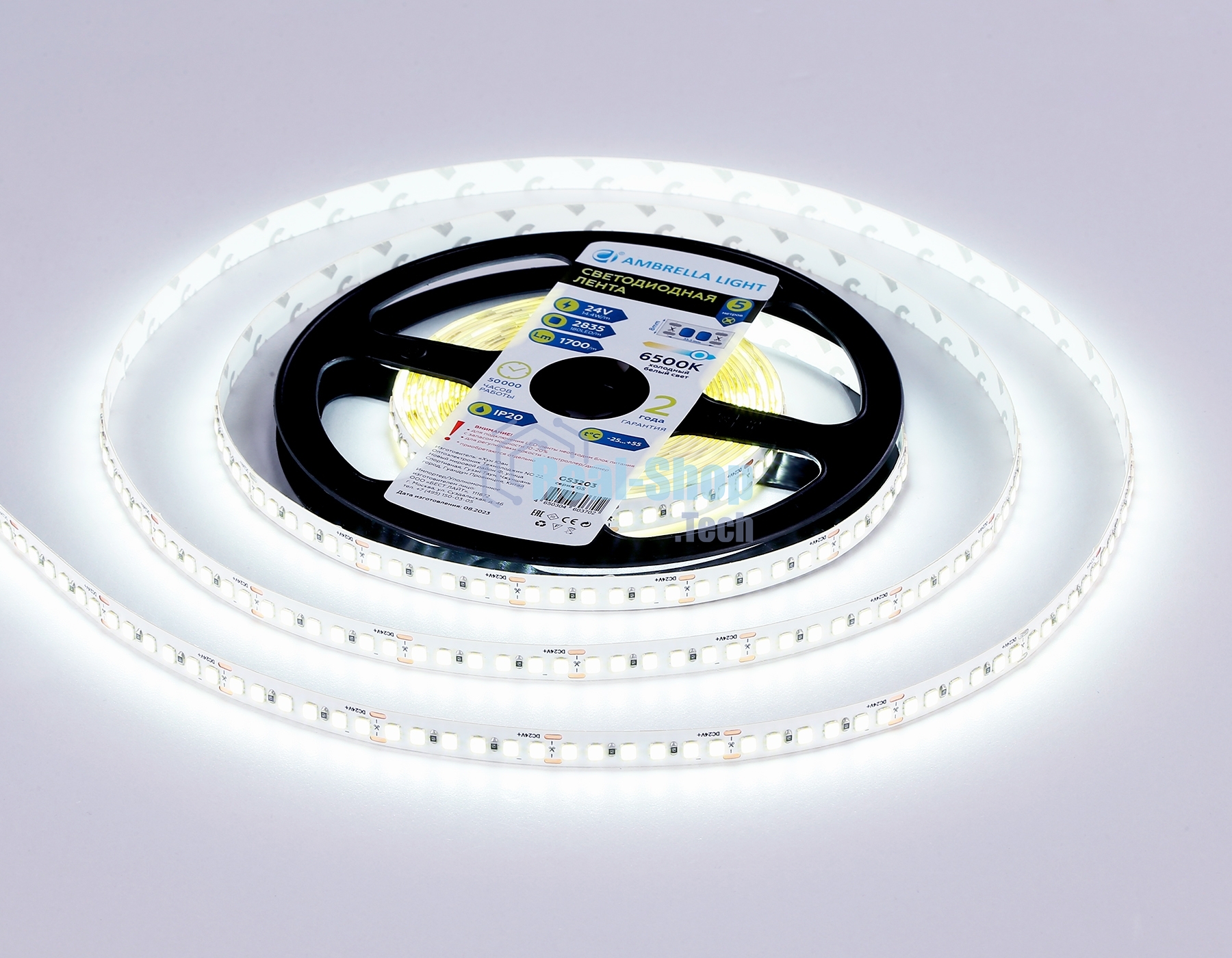 Светодиодная лента Ambrella light GS3203 2835 180Led/ 14.4W m/ 24V IP20 6500K/ 5000*8*1.2mm (2 конт.)