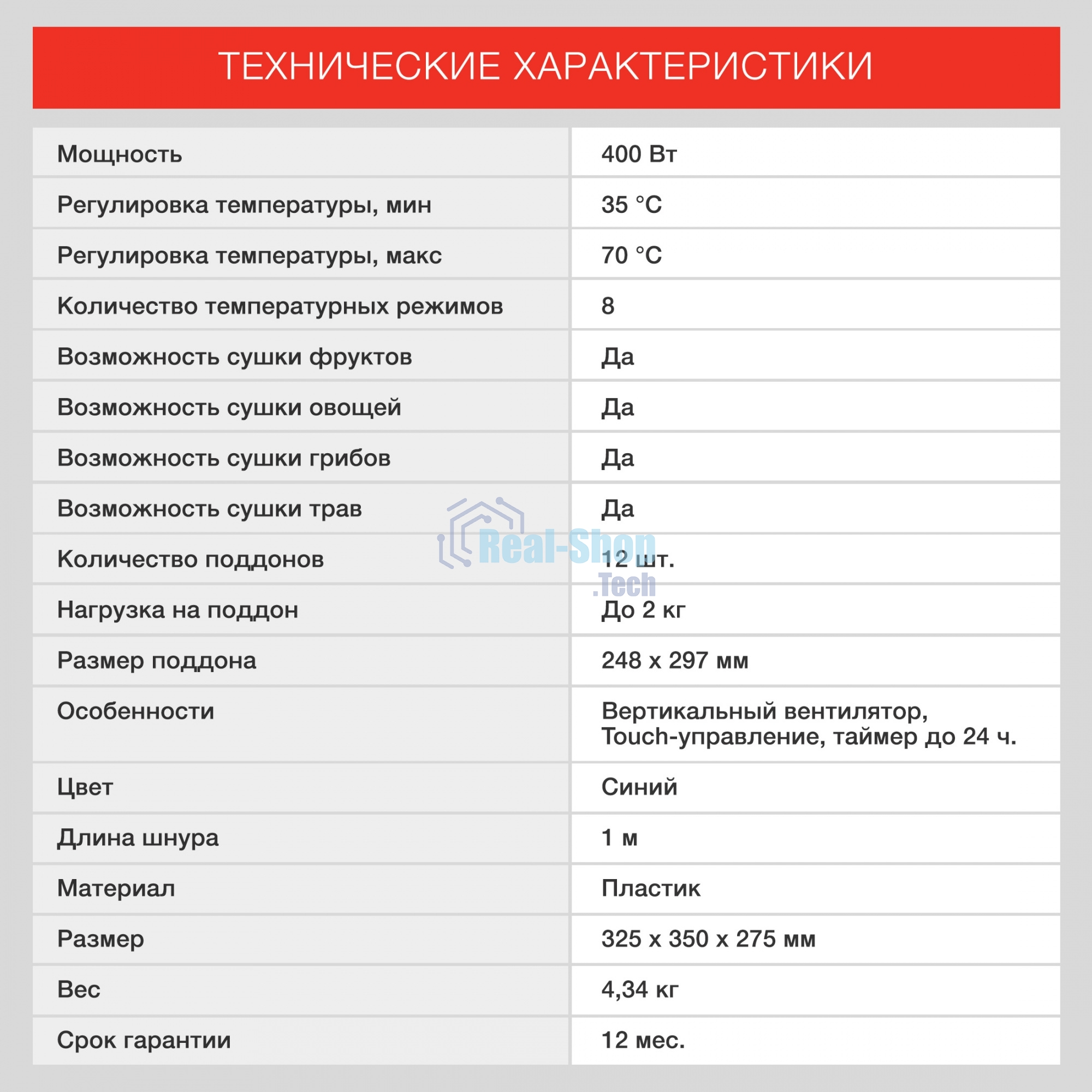 Сушка для фруктов и овощей Starwind SFD9535 12под. 400Вт синий