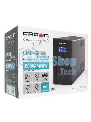Источник бесперебойного питания CROWN 800VA/450W, металл, 1x12V/9AH, розетки 3*EURO+1*IEC bybass, трансформатор AVR 145-280V, LCD дисплей, съемный кабель 1.2м, фильтр телефонной и ethernet линии RJ11/45, защита батареи, от перегрузки, от КЗ