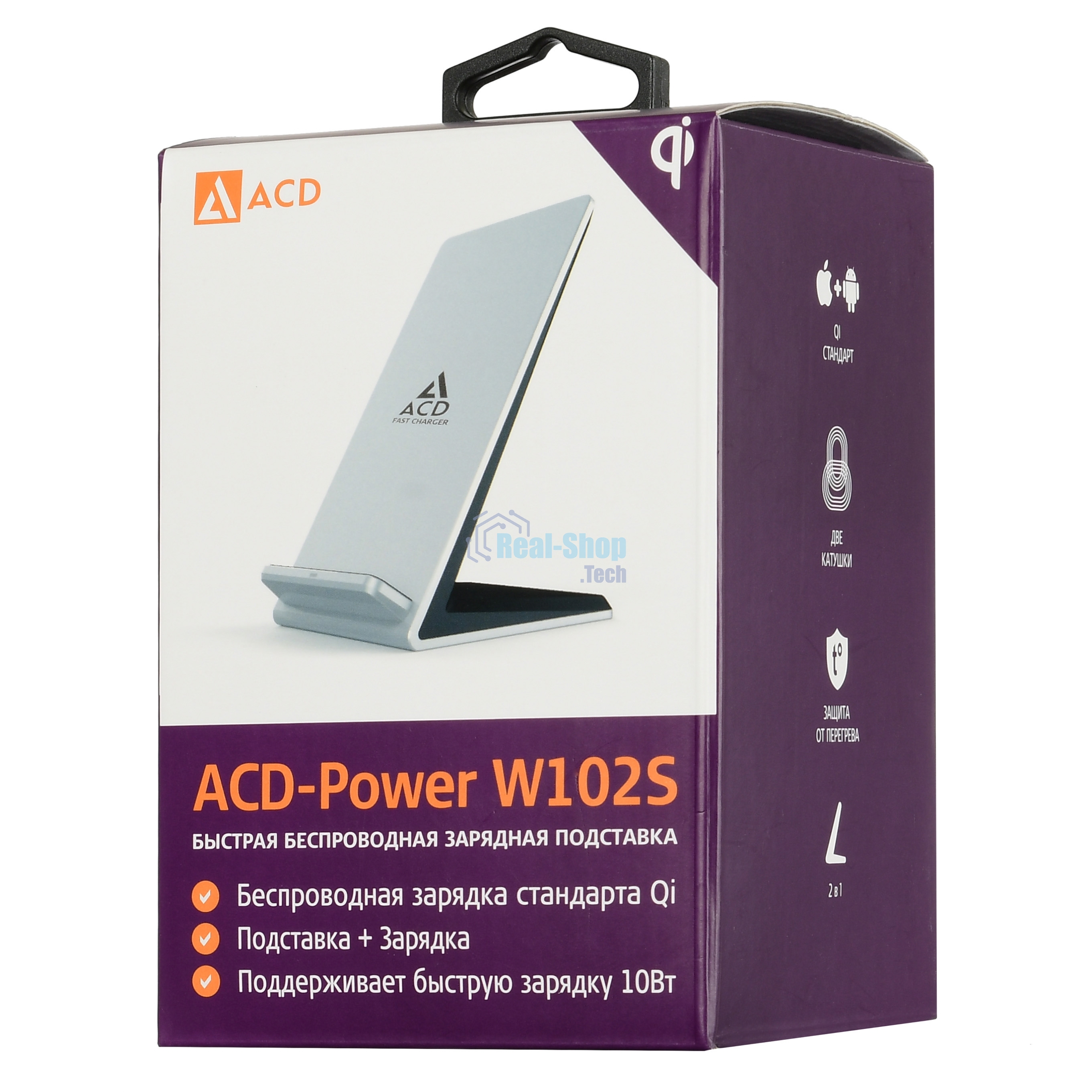Сетевое зарядное устройство ACD-W102S-F1S 10Вт, беспроводная Qi, 2-катушки с QC, 5В/2А ~ 9В/1,8А RTL