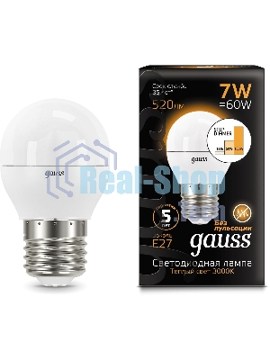 Лампа светодиодная Gauss Black 6.5Вт цок.: E27 шар 220B 3000K св. свеч. бел. теп. G45 (упак.: 10 шт)