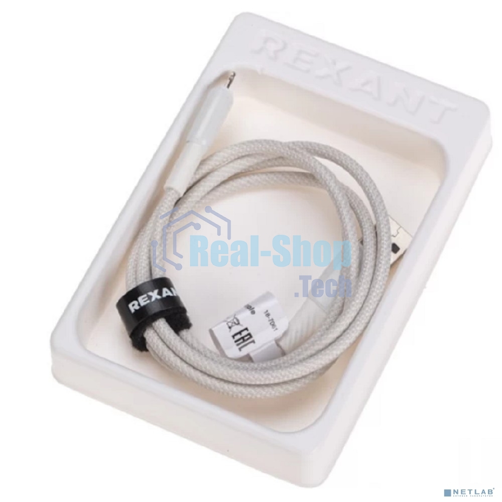 Кабель Rexant USB-A - Lightning для Apple, 2,4А, 1м, в белой нейлоновой оплетке