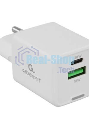 Зарядное устройство Cablexpert MP3A-PC-63, 30Вт GaN, 3А, QC4.0/PD, 1xUSB, 1xType-C, белый, пакет