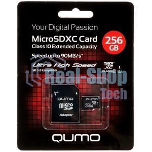 Карта памяти QUMO MicroSDXC 256 GB UHS-I, 3.0 , адаптер в комплекте SD, R/W 90/20 MB/s черно-красная картонная упаковка