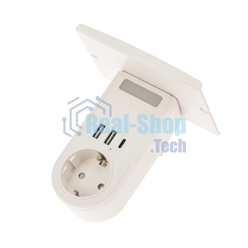Сетевое зарядное устройство USB Rexant (2хUSB-A + USB-С) + розетка 220-250В с подсветкой и подставкой для телефона