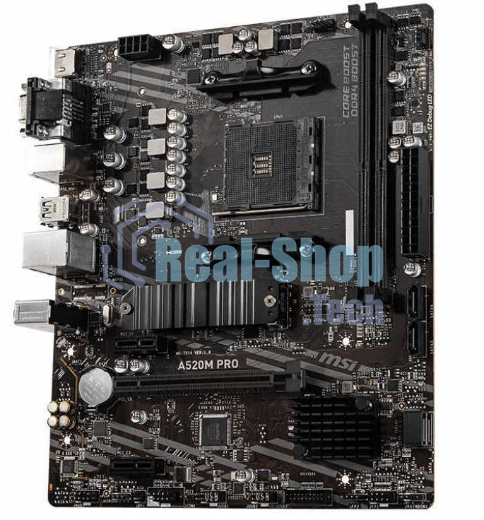 Материнская плата MSI A520M PRO, AM4, AMD A520, 2xDDR4, 4xSATA, 1xM.2, 1xPCIe 3.0 x16, 1xVGA, 1xDVI-D, 1xHDMI, 1x 1Gb LAN, 2xUSB 2.0, 4xUSB 3.2 Gen 1, 3x3.5 мм, 7.1, mATX